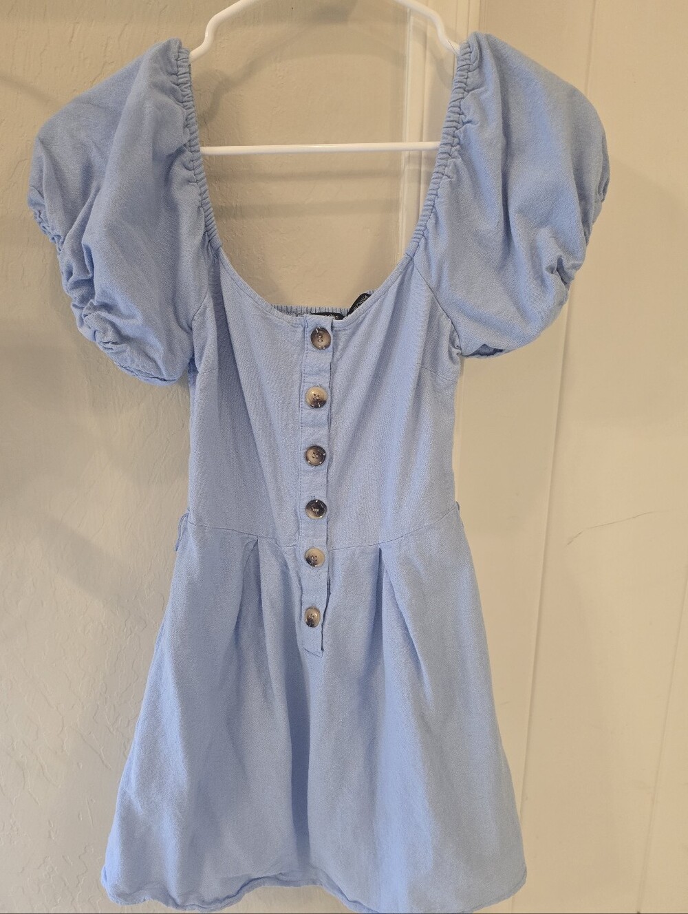 Mind Code Lght Blue Puff Sleeve Button Front Mini Dress Size: Small